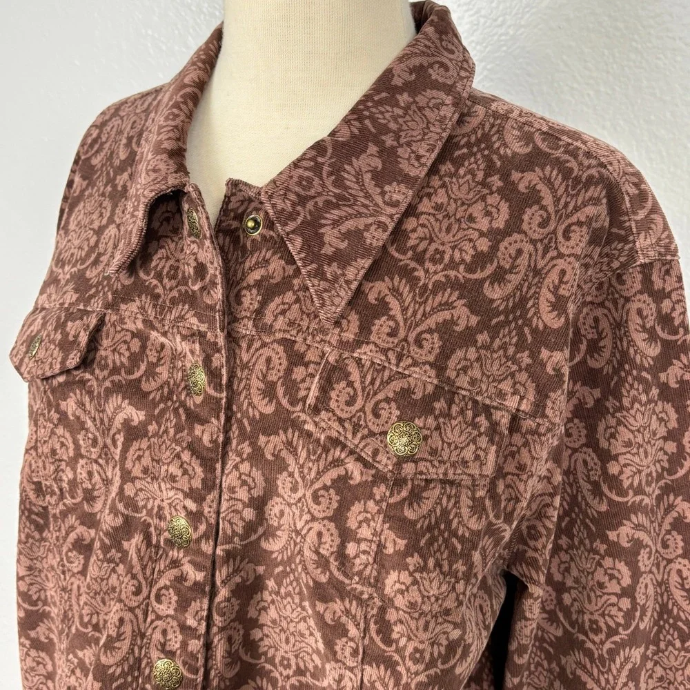 Dressbarn Corduroy Jacket Womens XL Brown Damask Print Snap Button Shacket‎